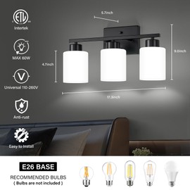 FonmYim Black Bathroom Light Fixtures, 3-Light Modern Vanity Light Over Mirror, Wall Sconces with Milky White Frosted Glass Shades, E26 Socket (Bulbs Not Included)