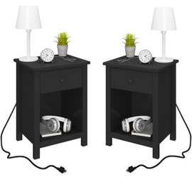 ChooChoo Black Nightstand Set of 2,Night Stand with Charging Station, Wooden Top Bedside End Table with Drawer and Storage Space for Bedroom