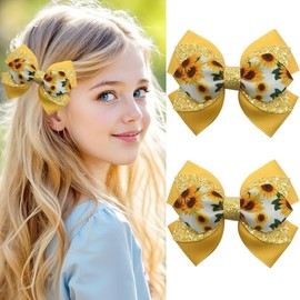 2PCS 4" Glitter Ribbon Hair Bow Clips Sparkly Sequins Alligator Barrettes Hairpin Girls Hair Bows Clips Hair Accessories Toddler Teen Girls Kids Back School (Yellow with Sunflower)
