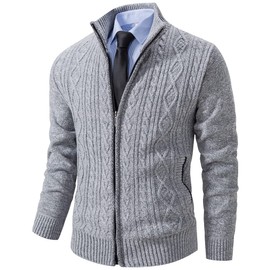 Msmsse Mens Casual Stand Collar Cardigan Zip Up Cable Knitted Sweater with Pockets Light Grey XL