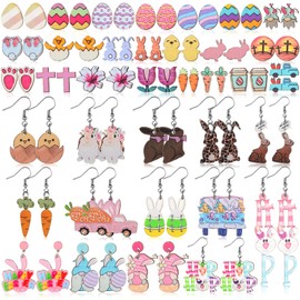 Nosiny 36 Pairs Easter Earrings for Women Wood Easter Earrings Bulk Cute Bunny Carrot Egg Shaped Jewelry for Holiday Gift Party Favors