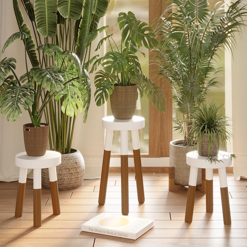 LitaEther 9" Rubber Wood Plant Stool, Wood Accent Stool, Reverse