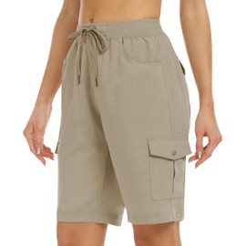 MoFiz Women 10" Hiking Cargo Short Multi Pocket Outdoor Athletic Casual Workout Summer Short Khaki,M