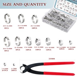 HSEAMALL HSEAMALL 150PCS Stainless Steel Single Ear Hose Clamps with Hose Clip Pliers,12 Sizes 6-33 mm Pipe Hose Clamp Fuel Line Clip