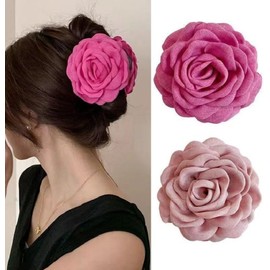 2Pcs Rose Flower Hair Claw Clips for Women Girls Large Hawaiian Rose Hair Clips Cute Floral Hair Clips Non Slip Hair Claw Clips for Thin Thick Hair Trendy Hair Accessories for Beach Holiday (Rose red+pink, One size)