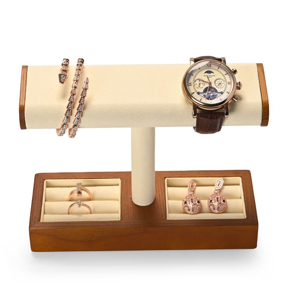 Woodten Solid Wood T-Bar Showcase, 2 in1 Watch&Ring Display Stand