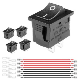 5-Pack UL Listed Rocker Toggle Switch with Wire, ON/Off SPST 2Pin Heavy Duty 10A Boat Switches for Home Auto Car Marine Boat, RK2-16, Black