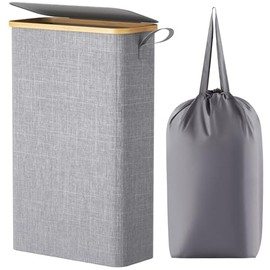 Lifewit 65L Slim Laundry Hamper with Lid, Narrow Laundry Basket with Removable Bag & Bamboo Handles, Fodable Thin Dirty Clothes Hamper for Laundry Collapsible Bin for Bathroom Bedroom Dorm, Gray