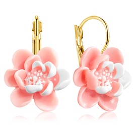 GPASTG Handmade Chic Vivid Cute 3D Flower Leverback Earrings Unique Resin Lotus Rose Flower Dangle Drop Earrings For Women (Pink)