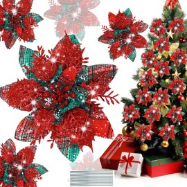 Pecehom 16 Pieces Poinsettia Christmas Decorations,Glitter Artificial Poinsettia Flowers Christmas Tree Ornaments,for New Year Wedding Xmas Wreath Home Party Decor (Red and Green)