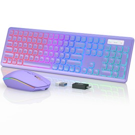 Wireless Keyboard and Mouse Combo, RGB Backlit, Rechargeable & Light Up Letters, Full-Size, Ergonomic Tilt Angle, Sleep Mode, 2.4GHz Quiet Keyboard Mouse for Mac, Windows, Laptop, PC, Trueque(Purple)