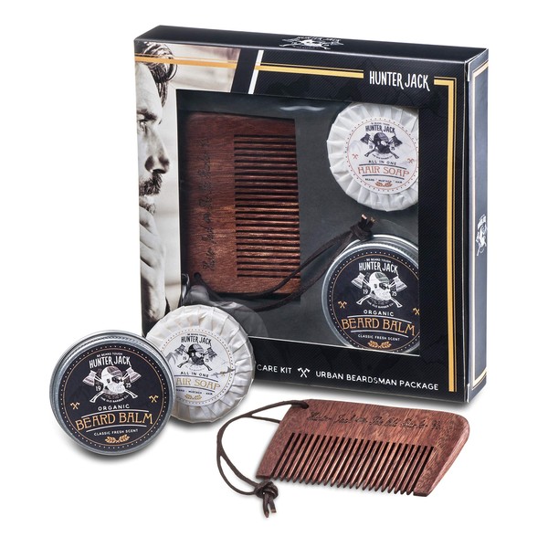 HJ Strap Comb & Beard Care Kit, 3pc - Handmade Beard Comb, Beard Wash, Beard Balm - Beard Growth Kit for Mustache, Beard Grooming & Beard Grow - Beard Conditioner - Lux Beard Brand Scent - Gift Box