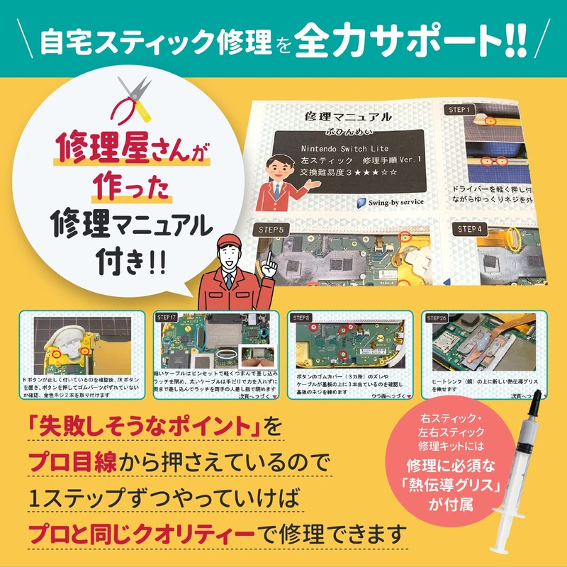 N-Switch Lite スイッチライト 左右スティック修理キット 国内修理店Swing-by serviceオリジナル修理キット 検品済み白色スティック2個 工具4点・熱伝導グリス（HY510）付き