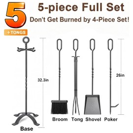 Amagabeli 5 Pieces Fireplace Tools Sets Wrought Iron Indoor Fireplace Set with Poker Tongs Broom Shovel Stand Fire Tools Outdoor Rustic Fire Poker Set Fire Place Hearth Accessories Sets Antique Pewter