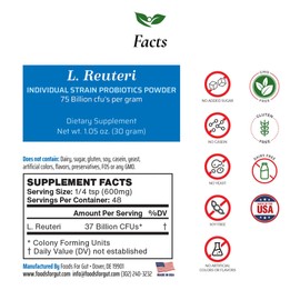 Foods For Gut Lactobacillus Reuteri Probiotic Powder 75 Billion cfu's | Made in USA | NO Additives | Digestive & Immune Support | High Potency | L. Reuteri | 30 Grams (1.05 OZ)
