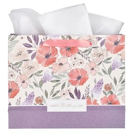 WITH LOVE Fabulous Happy Mother’s Day Gift Bag for Mom’s, Tissue Paper Included, Inspirational Event/Party Supplies, Purple & Coral Poppy Florals w/Gold Detailing, Large Landscape, 12.5” x 10” x 3.9”