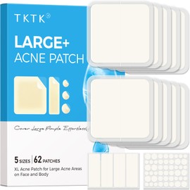 TKTK Large Pimple Patches, 60 mm XL Acne Patches, Big Hydrocolloid Bandages for Body, Face, Forehead, Chin, Neck Zit Breakouts, Hydrocolloid Patch (Square, Strip, Dot 5 Sizes 62 Count)