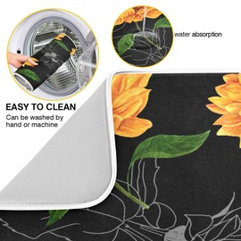Watercolor Sunflowers Black Background Dish Drying Mat for Kitchen, Absorbent Microfiber Drying Pad Dish Mat, 24" X 18"