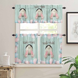 Easter Bunny Curtain Valance and Tier Set, Teal Wood Rod Pocket Tier Curtains 24 Inch Length, Colorful Eggs Happy Easter Small Window Treatment Panel Drapes for Kitchen Sink, (54" x 18"+55" x 24")