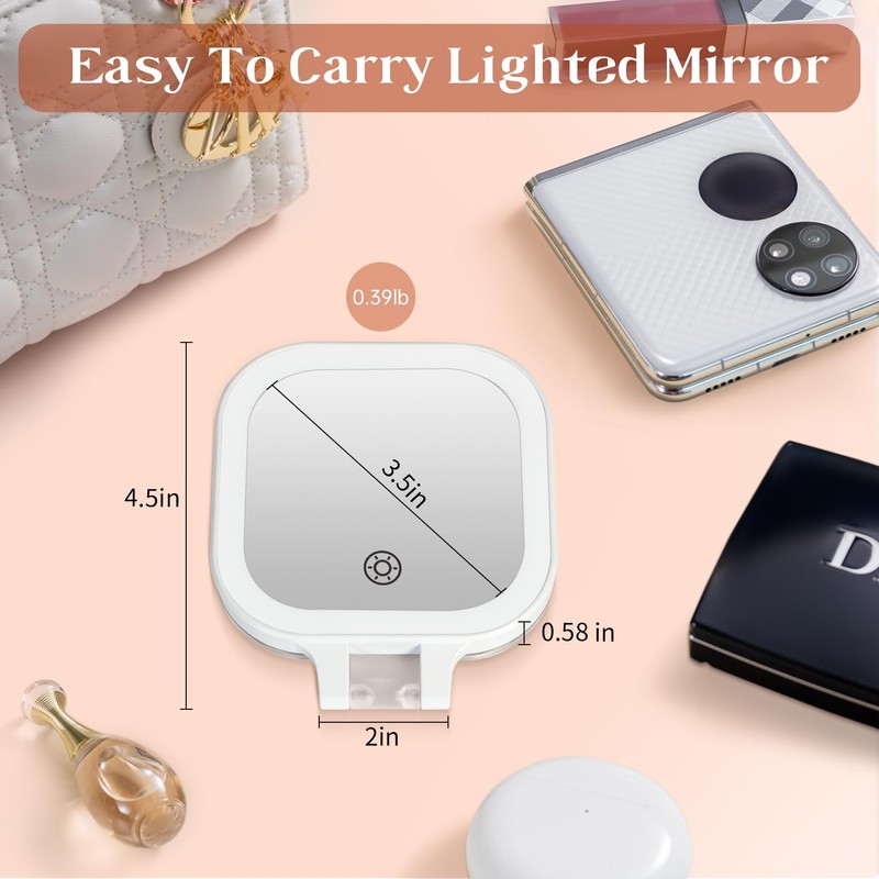 FASCINATE Compact Travel Makeup Mirror with Lights and Magnification, 3.5