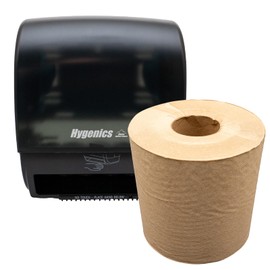 Sierra Hygiene Products Hygenics Commercial Grade Hands-Free Translucent Black Paper Towel Dispenser with Motion Sensor Bundle with (6) Hygenics 7.5" Hardwound 1-ply Brown Paper Towel Rolls