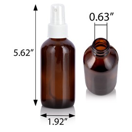 JUVITUS 4 oz Amber Glass Boston Round Bottle with White Fine Mist Spray (12 Pack) + Funnel