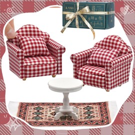 iLAND Cute Kids Toys for Girls 6-8 Lovely Dollhouse Furniture on 1/12 Scale Gingham Doll House Couch Set inc 2 Miniature Sofas 1 End Table 1 Rug Small for Girls