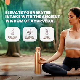VedVision Copper Water Bottle - 32 Oz Copper Bottle Plain Design | Pure Copper Ayurvedic Bottle for Drinking | Leak-Proof, Travel-Friendly, Wide Mouth
