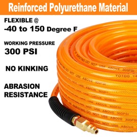 YOTOO Reinforced Polyurethane Air Hose 1/4" Inner Diameter by 50' Long, Flexible, Heavy Duty Air Compressor Hose with Bend Restrictor, 1/4" Swivel Industrial Quick Coupler and Plug, Orange