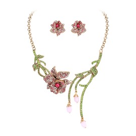 Ever Faith Rhinestone Pink Flower Collar Necklace, Faux Beaded Spring Rose Leaf Statement Choker Necklaces Stud Earrings for Women, Fashion Boho Party Prom Jewelry Accessories