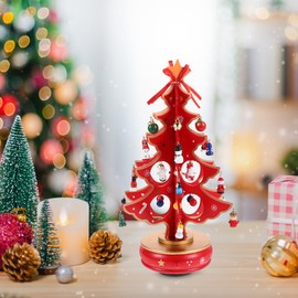 Cabilock Christmas Tree Classic Music Box Wooden Clockwork Design Christmas Tree With Snowman Pendants Miniature Handmade Melody Box Ornaments For Holiday Festival, Red
