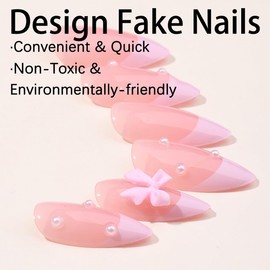 24Pcs French Tip Press on Nails Short Almond Fake Nails with 3D Bow Pearl Design Cute Glue on Nails Glossy Pink False Nails Full Cover Reusable Artificial Acrylic Nails French Stick on Nails for Women