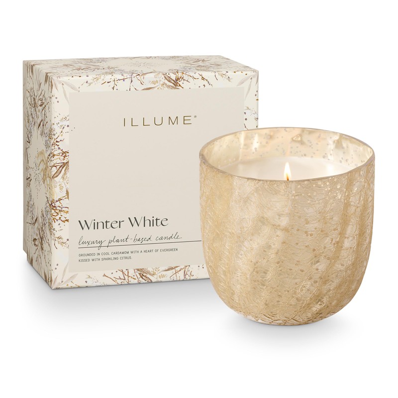 ILLUME Large Boxed Crackle Glass Candle, Winter White