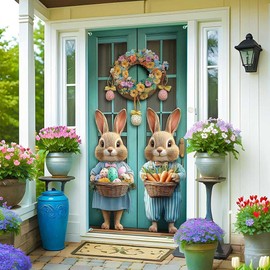 Lofaris Easter Bunny Door Cover – 72.8x35.4 Inch Spring Decoration with Floral Wreath and Bunny Design – Perfect for Front Porch Home Entry or Party Backdrop Easter Holiday Decoration Supplies