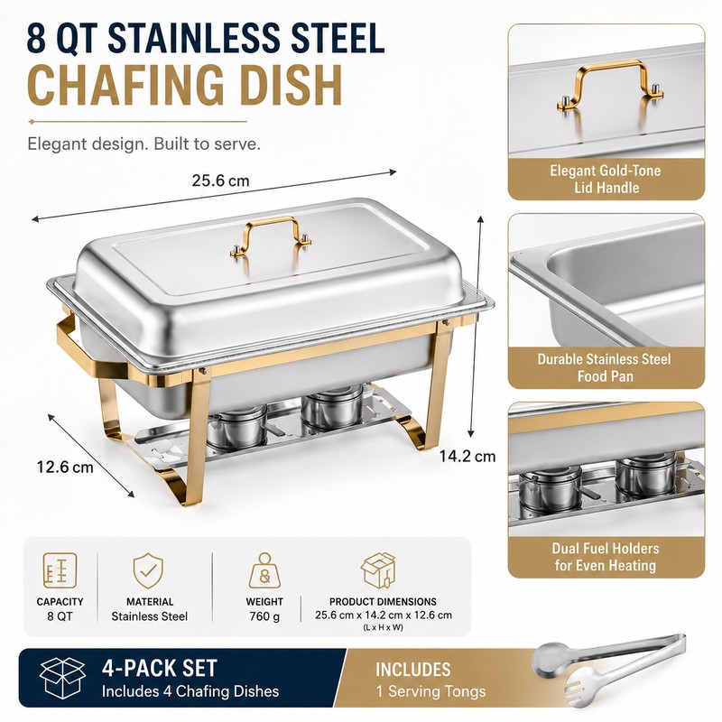 8QT Stainless Steel Chafing Dish Set for Buffets – Gold