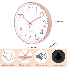 CIMOYBAI 30 cm Wall Clock, 3D Numbers, Colourful, Silent Wall Clock, Rose Gold, Modern, No Ticking Noise, for Office, Room, Living Room, Kitchen, School, Children's Room (Rose Gold-E)
