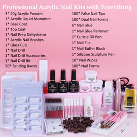 Acrylic Nail Kit with Drill: 20g Clear White Pink Acrylic Powder and Liquid Beginners Set - Professional Brushes Nail Tips Nail Supplies - Full Tools Extensions Starter for Women Home & Salon