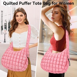 Puffer Tote Bag for Women Large Quilted Crossbody Bag Hobo Crossbody Lightweight Padding Puff Purse Tote Bag for Women (Pink)