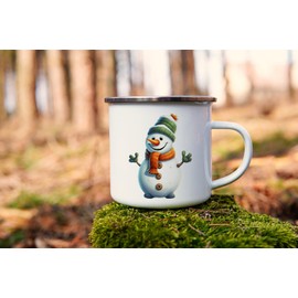 MAXIKIWI Langlebige Emaille-Kaffee- oder Tee-Camping-Tasse für drinnen und draußen, niedliches Schneemann-Motiv, 2–350 ml