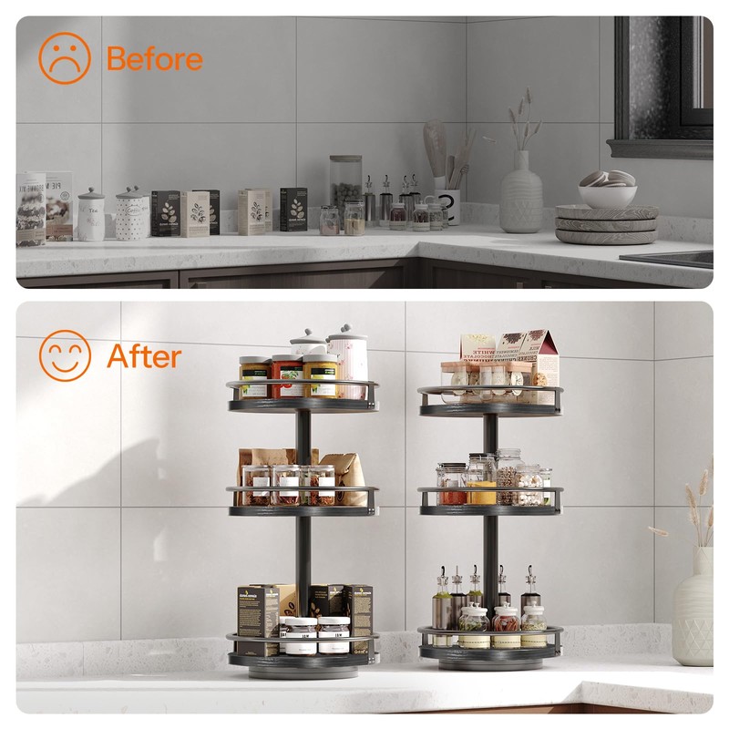 HOOBRO Lazy Susan Organizer, Rotating Spice Rack, 3-Tier Organizer, Turntable