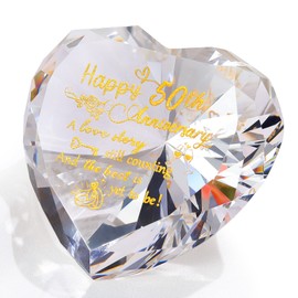 50th Wedding Anniversary Romantic Gifts for Women Her, Heart K9 Crystal Diamond Keepsake Etched Golden Happy 50th Anniversary Wedding Presents for Wife Couples Husband Parents