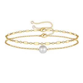 Dainty Gold Bracelets for Women, 14K Gold Filled Adjustable Layered Bracelet Cute Evil Eye Oval Chain Pearl Bar Turtle Gold Bracelets for Women Jewelry, Adjustable, Metal