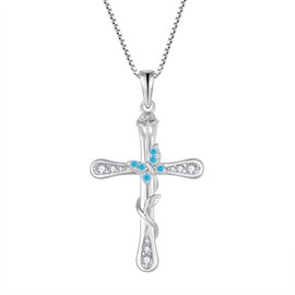 CARICY Butterfly Cross Necklace for Women 925 Sterling Silver Cross Necklaces March Aquamarine Birthstone Pendant Gemstone Jewelry for Women