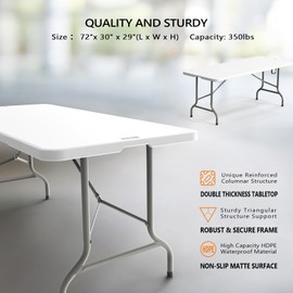 VINGLI VINGLI 6 Foot Plastic Folding Table Portable Long Table for Indoor Outdoor Use Rectangular with Carrying Handle, Smooth HDPE Tabletop, White