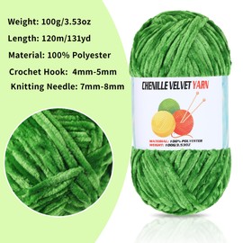 2 * 100g Velvet Chenille Chunky, Handcrafts Weaving Soft Chenille Yarn for Crocheting Clearance, Used for Making Baby Yarn Blanket, Clothes, Knitting Creations (Light Green)