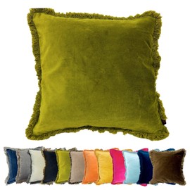 Ragged Rose Felicity Fringe Velvet Cushion Cover - 50cm x 50cm Covers with Zip-Fastening - Living Room & Bedroom Accessories - Chartreuse Olive Green