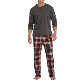 Vlazom Men's Pajamas Set Long Sleeves Soft Pj Top and Plaid Pants for Sleepwear Loungewear with Pockets,A-Blue,XL