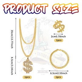 Hip Hop Costume Kit for Women Men, 80s/90s Chunky Rapper Gangster Accessories Set Fancy Dress with Baseball Cap Hat Dollar Necklace Sunglasses Gold Bracelet Ring Outfits for Disco Theme Dress Up Party