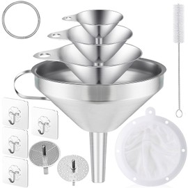 Toncoo 4 Pack Stainless Steel Funnels for Kitchen Use, Food Grade Cooking Funnel with 2 Strainer, Kitchen Funnel Set Metal Funnels for Filling Bottles