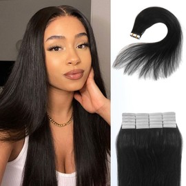 OiMiGO Tape in Hair Extensions Human Hair Black Woman Natural Black 18 Inch Sleek Straight Real Human Hair Tape ins 50g 20pcs Invisible Skin Weft Glue in Extensions Natural Color